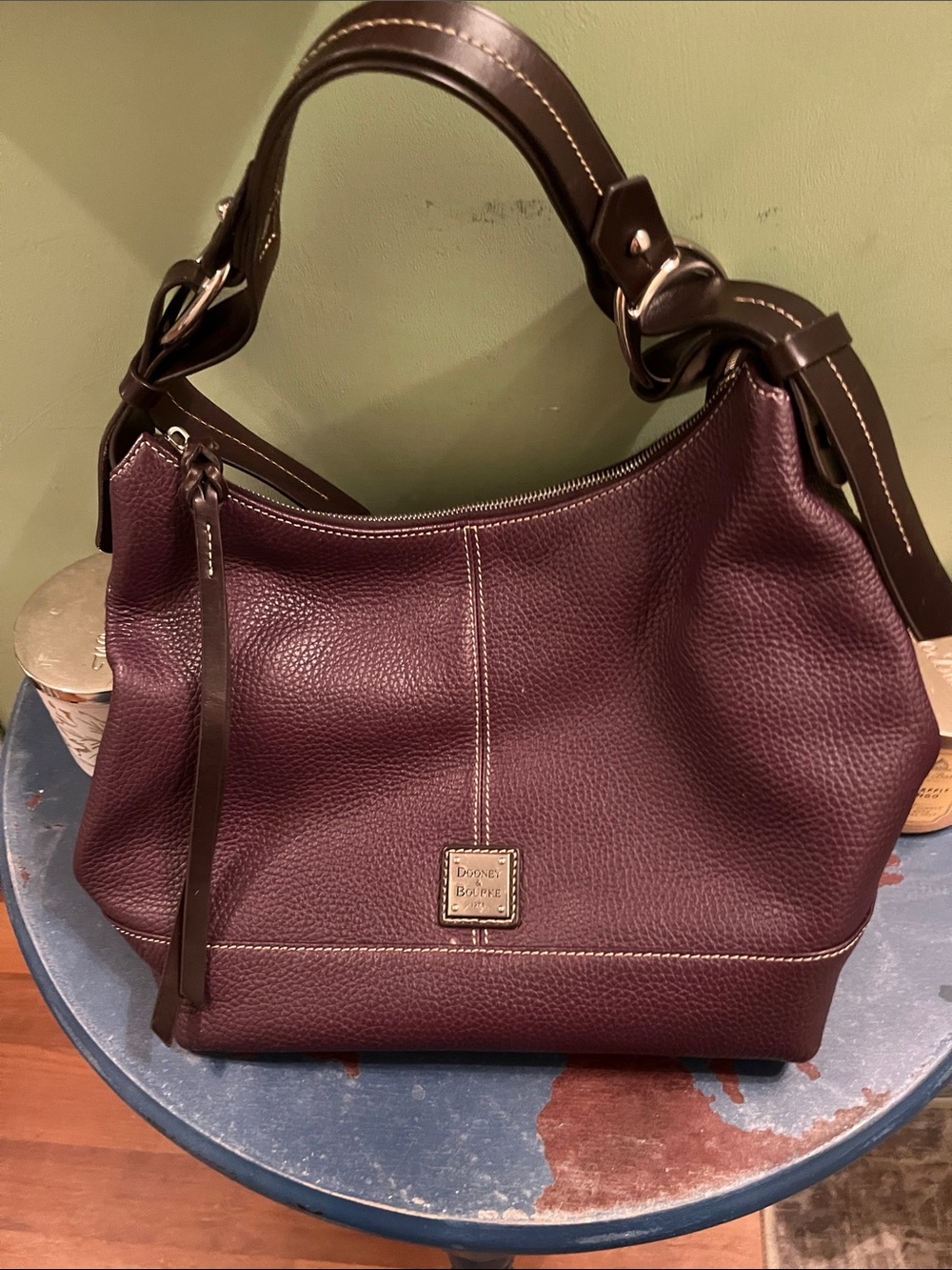 Dooney & Bourke Plum Pebbled Leather Shoulder Bag with Dark Brown Trim